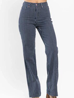 JUDY BLUE High Waist Tummy Control Blue White Stripes Straight Jeans